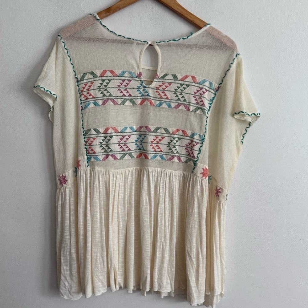 Free People Embroidered Boho Peasant Aztec Top Cream Multicolor - Picture 3 of 5